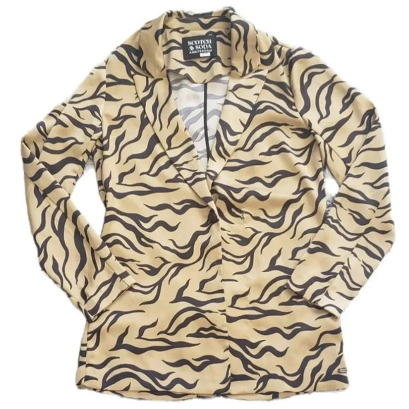 Scotch & Soda Brown Animal Print Relaxed Satin Blazer XS - Picture 1 of 5